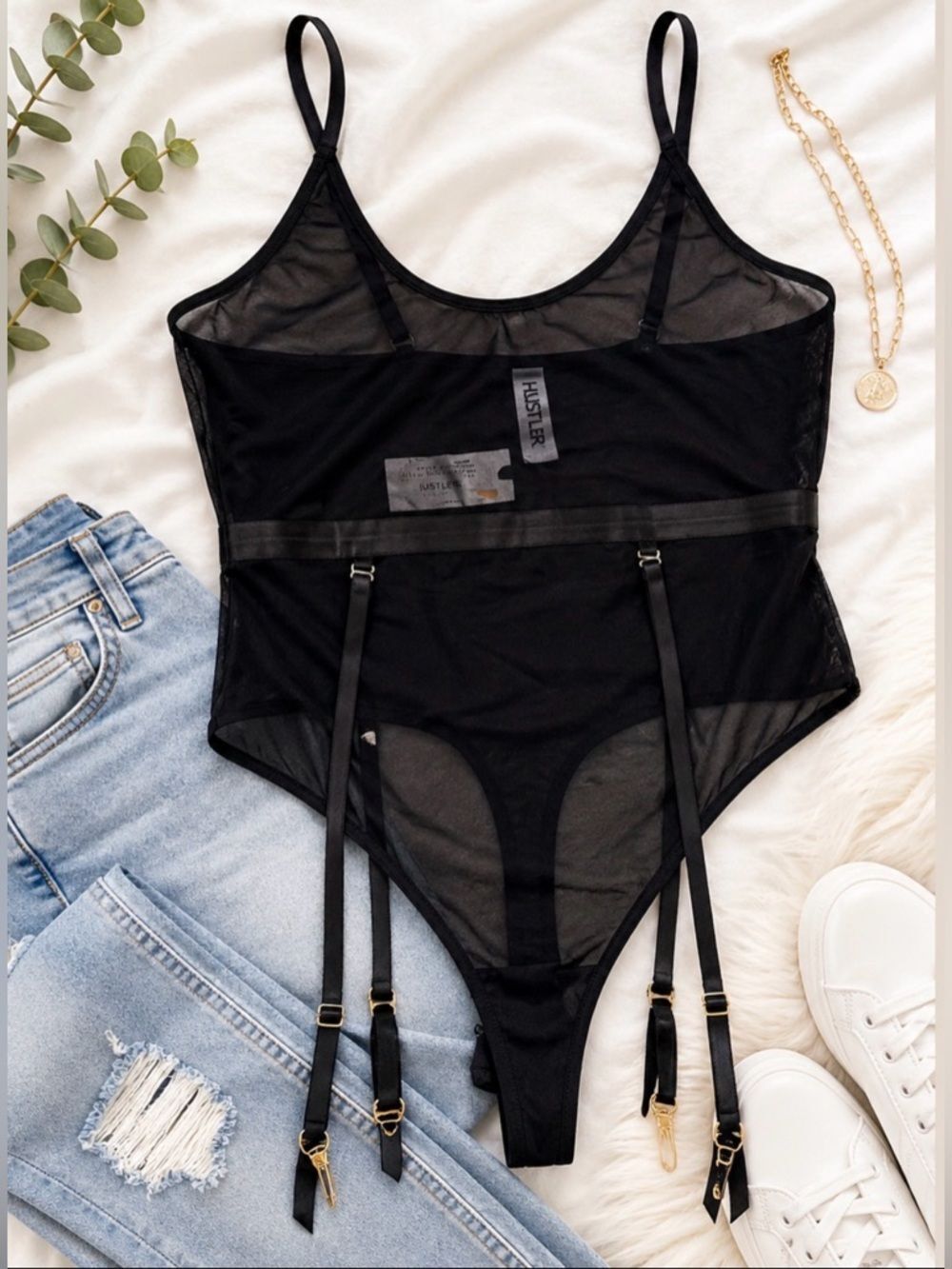 Y2K Hustler Hollywood Black Sheer Mesh Garter Bodysuit Strappy Lingerie M Sexy